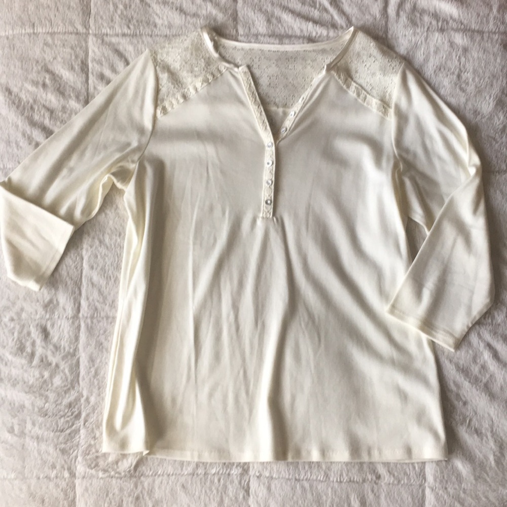 Henley Style Lace Cotton Top - Ivory